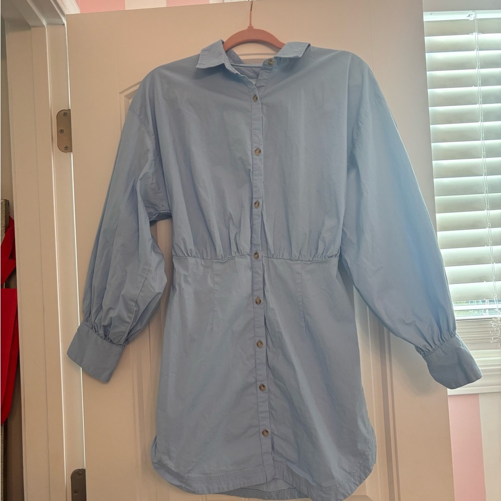 Light Blue Button-Front Shirt Dress